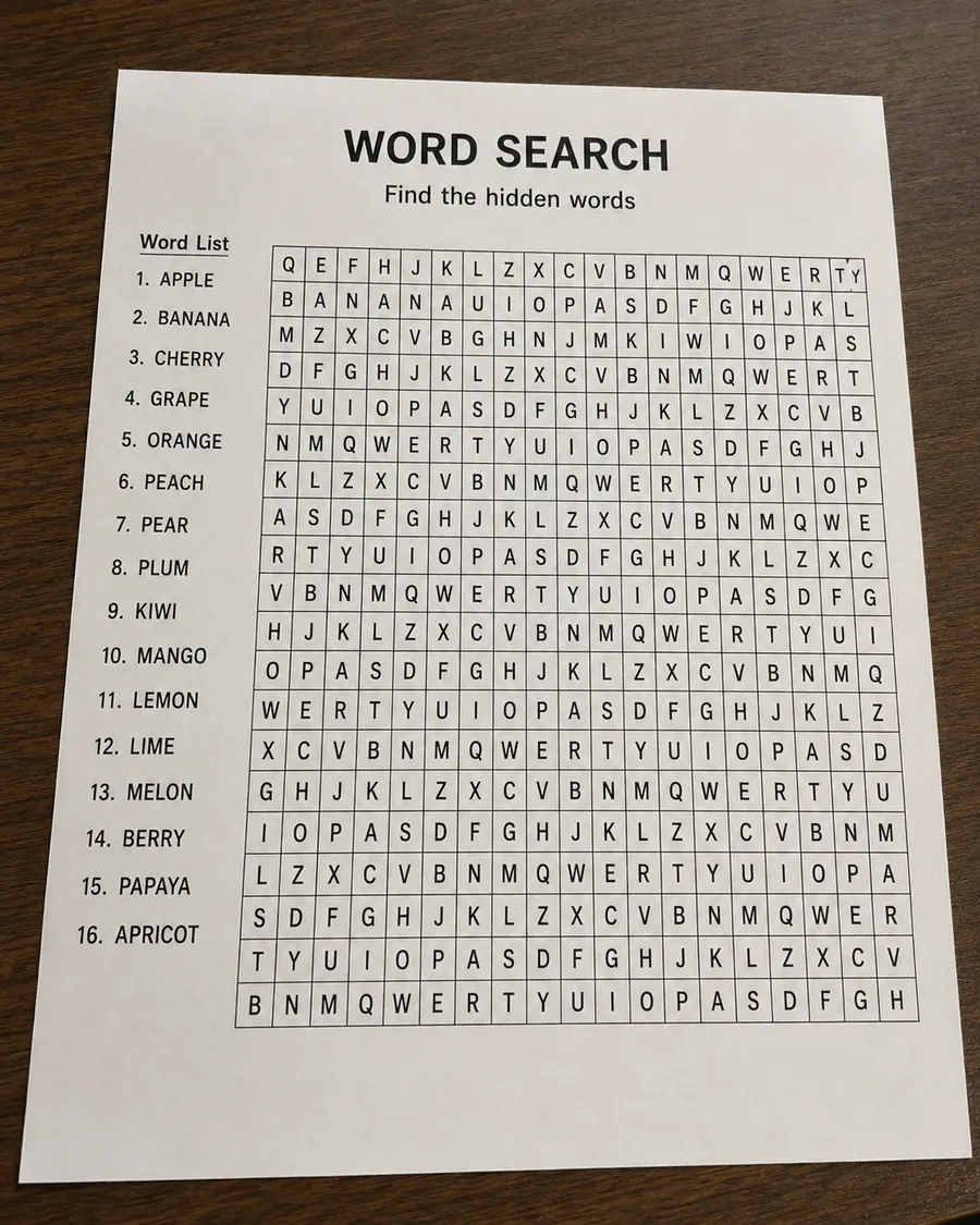 Angled phone photo of a printed word search worksheet