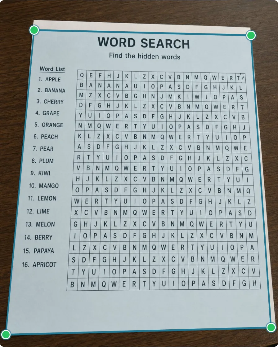 Word search photo in the pencil editor with green handles placed on the paper corners