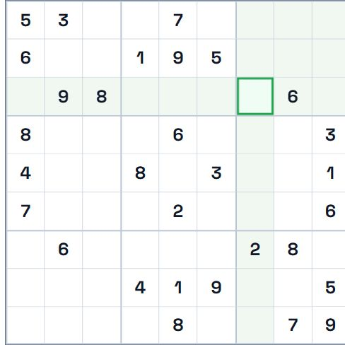 Original Sudoku board with empty R3C7 selected in green, highlighting its row, column, and upper-right box