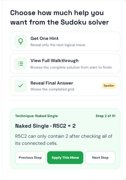 Sudoku walkthrough on step 2 of 51, explaining R5C2 equals 2, with Previous Step, Apply This Move, and Next Step buttons