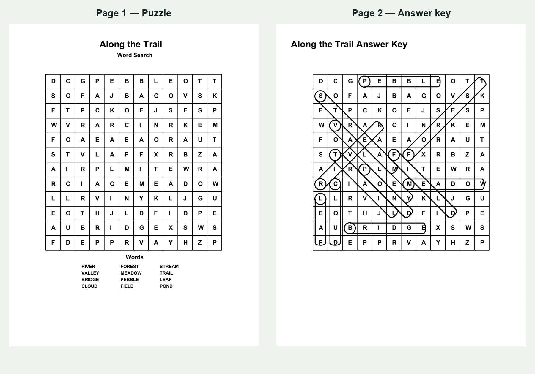 Two pages from the same word search PDF, with the unmarked puzzle first and the matching answer key second.