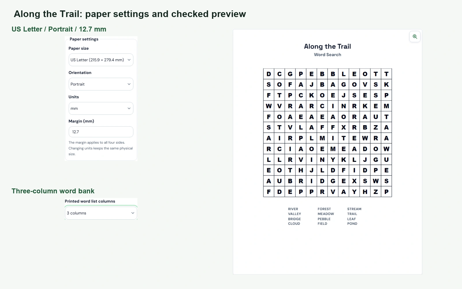 Word search page settings showing US Letter paper, portrait orientation, and a three-column word bank.