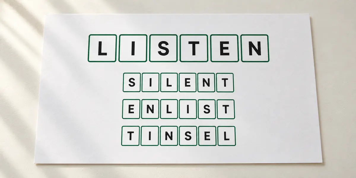 The letters LISTEN arranged into the anagrams SILENT, ENLIST, and TINSEL.