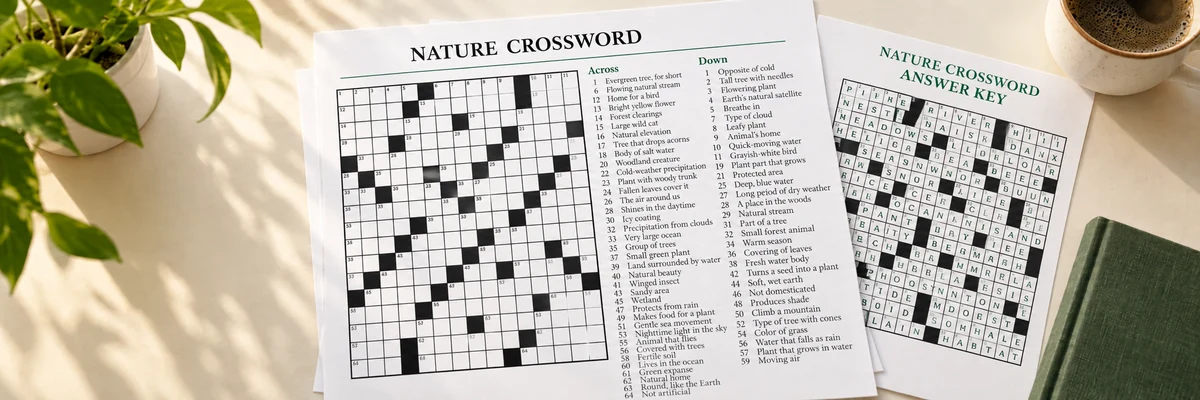 A nature-themed crossword worksheet and its completed answer key on a desk.