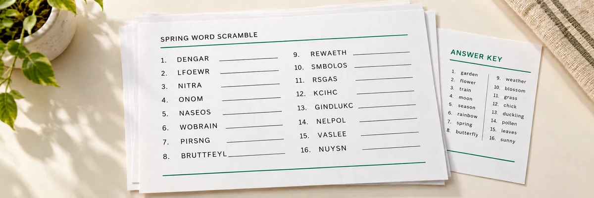 A spring-themed word scramble worksheet with answer lines and a separate answer key.