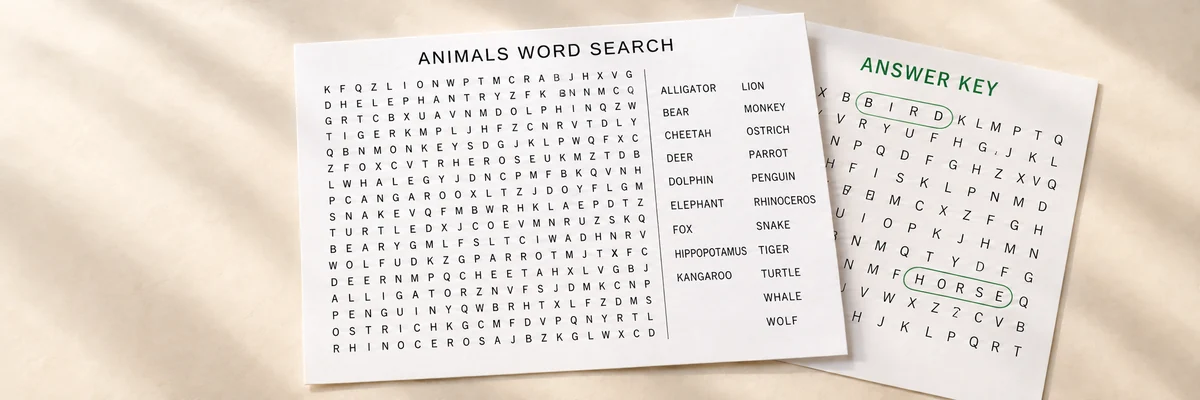 An animal-themed word search worksheet beside a separate answer key.