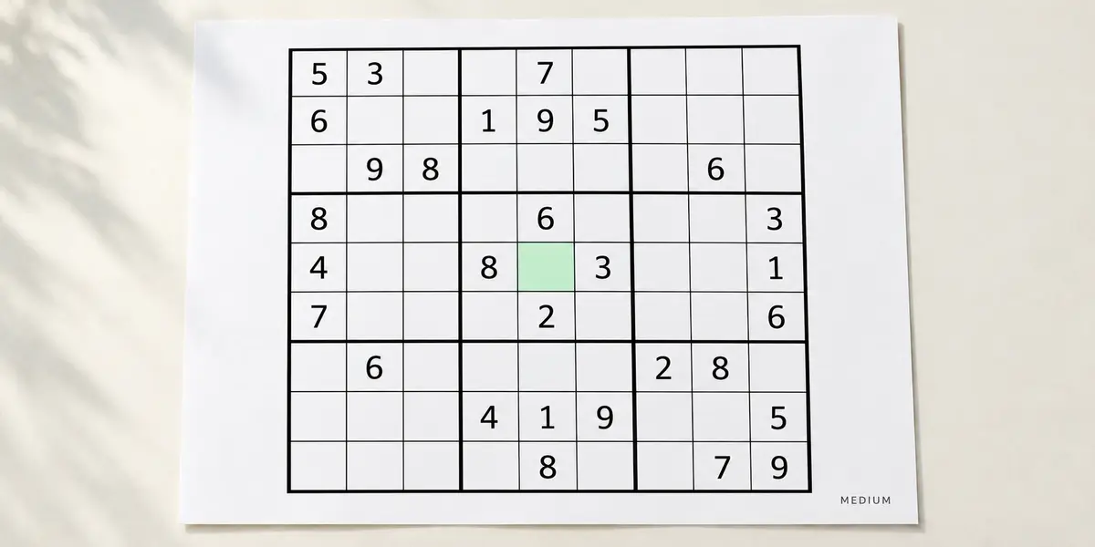 A printed Sudoku puzzle with a highlighted empty cell.