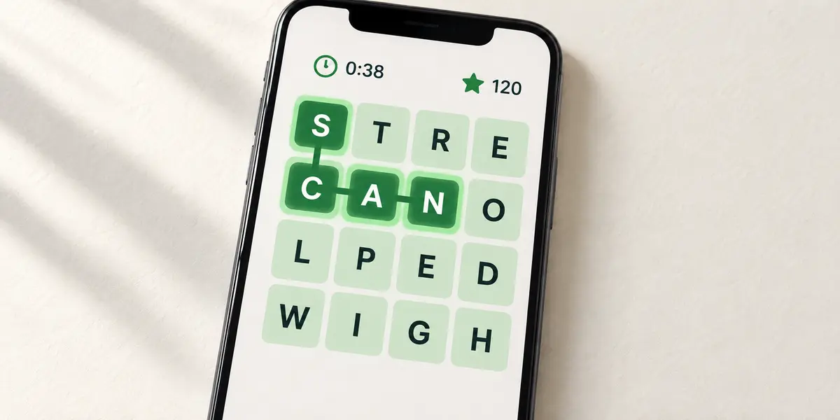 A phone displaying a word hunt letter grid with a connected green path.