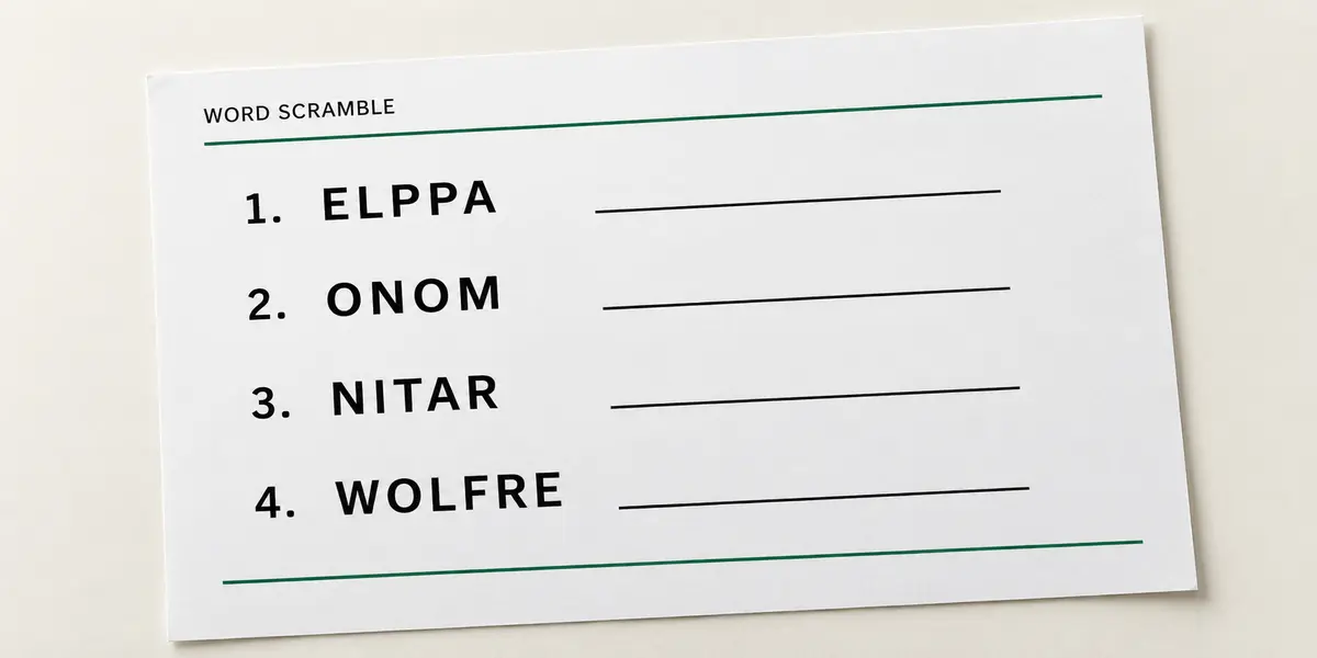 A word scramble worksheet with jumbled words and answer lines.