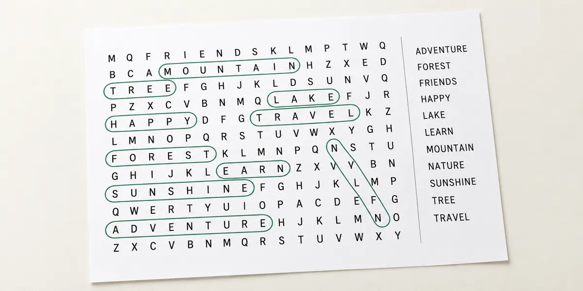 A printed word search worksheet with several hidden words circled in green.