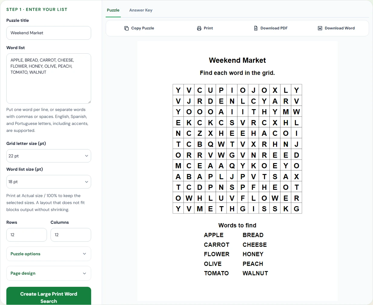 Weekend Market word search with large grid letters and a readable ten-word list.