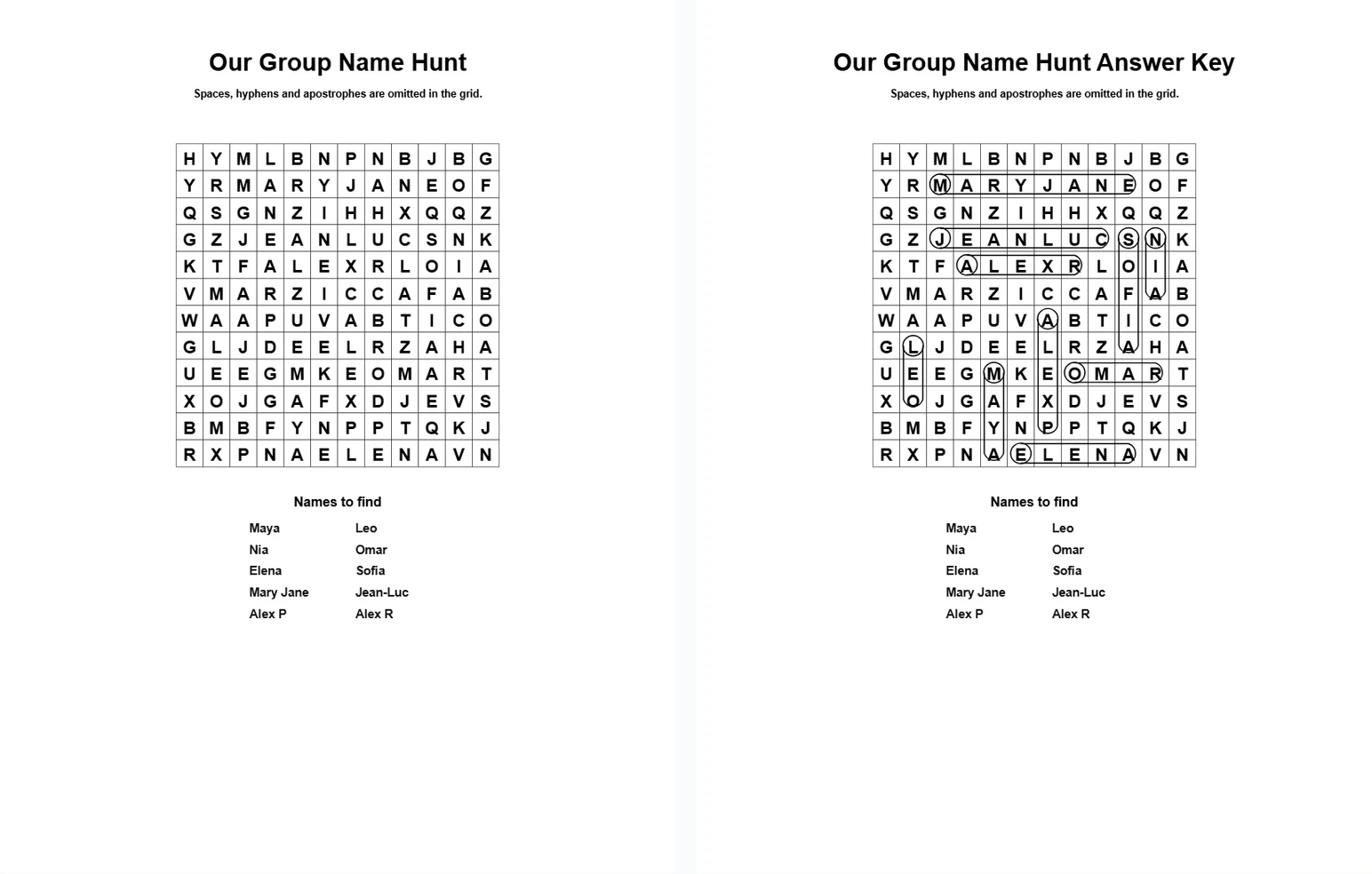 A sample class name word search beside its matching answer page.